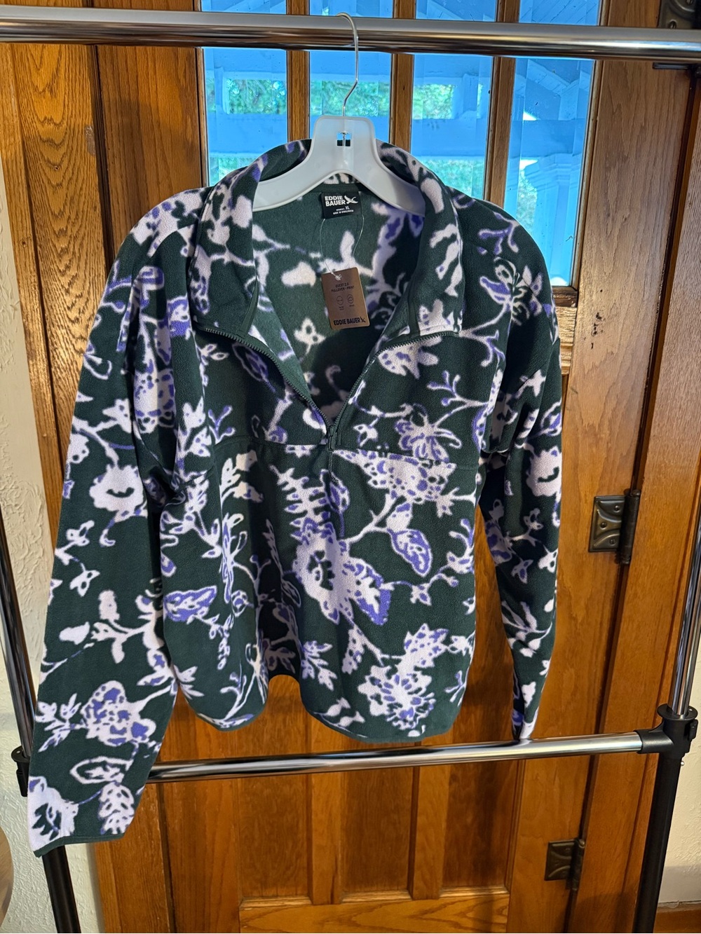 Eddie Bauer Green Floral Teddy Fleece Pullover Jacket